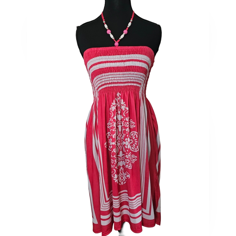 Vintage Red and White Smocked Strapless Sundress